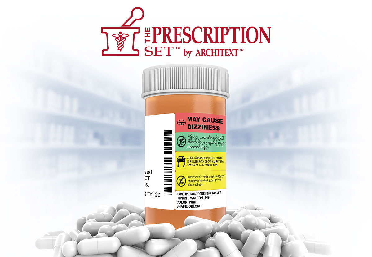 PrescriptionSet pharmacy pill bottle mockup with multilingual warning labels
